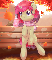Size: 1799x2093 | Tagged: safe, artist:wavecipher, derpibooru original, oc, oc only, oc:spicy flavor, species:pony, species:unicorn, autumn, bench, clothing, cute, ear piercing, leaves, piercing, scarf, solo, ych result