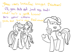Size: 985x683 | Tagged: safe, artist:ponygoggles, character:applejack, character:braeburn, character:rarity, species:pony, ship:braejack, applecest, black and white, cousin incest, female, grayscale, incest, male, mean girls, monochrome, punctuation error, shipping, straight