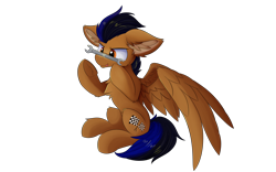 Size: 1920x1200 | Tagged: safe, artist:lunar froxy, oc, oc only, species:pegasus, species:pony, chest fluff, commission, ear fluff, fluffy, hoof fluff, male, simple background, sitting, smiling, solo, stallion, tongue out, transparent background, underhoof, wrench