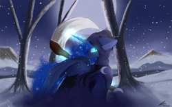 Size: 1920x1200 | Tagged: safe, artist:lunar froxy, patreon reward, character:princess luna, species:alicorn, species:pony, cloak, clothing, commission, female, glowing eyes, hood, looking at you, magic, mare, night, patreon, scenery, scythe, snow, solo, spread wings, wings, winter