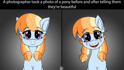 Size: 2500x1408 | Tagged: safe, artist:mranthony2, oc, oc only, oc:aurelia coe, species:earth pony, species:pony, blushing, comic strip, cute, gradient background, happy, looking at you, sitting, smiling, smiling at you, solo