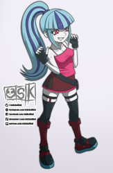 Size: 1017x1562 | Tagged: safe, artist:oldskullkid, character:sonata dusk, my little pony:equestria girls, bangs, boots, breasts, cleavage, clothing, cute, gloves, grin, happy, miniskirt, ponytail, shoes, skirt, smiling, socks, sonatabetes, thigh highs, zettai ryouiki