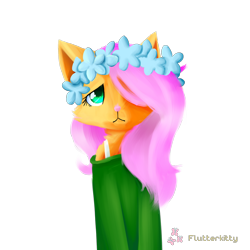Size: 894x894 | Tagged: safe, artist:myralilth, artist:snowolive, character:fluttershy, species:anthro, cat, catified, clothing, collaboration, female, floral head wreath, flower, fluttercat, hair over one eye, looking at you, off shoulder, off shoulder sweater, simple background, solo, species swap, sweater, sweatershy, transparent background