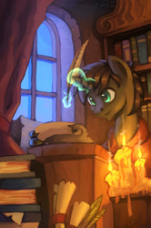Size: 795x1200 | Tagged: safe, artist:asimos, oc, oc only, species:pony, species:unicorn, fanfic:thou goddess, book, bookshelf, candle, quill, scroll, solo, window
