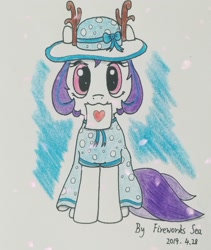 Size: 1446x1717 | Tagged: safe, artist:fireworks sea, derpibooru original, oc, oc only, oc:rain deer, species:earth pony, species:pony, clothing, dress, hat, looking at you, mouth hold, solo, traditional art