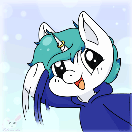 Size: 500x500 | Tagged: safe, artist:nekoremilia1, oc, oc only, oc:snowy blue, species:pony, species:unicorn, animated, blushing, clothing, cute, gif, hoodie, horn, horn ring, male, ocbetes, simple background, solo, stallion, sweatshirt, waving, white fur, ych result