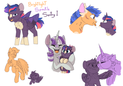 Size: 3300x2300 | Tagged: safe, artist:glitterstar2000, character:flash sentry, character:twilight sparkle, character:twilight sparkle (alicorn), character:twilight velvet, oc, oc:brightlight sparkle sentry i, parent:flash sentry, parent:twilight sparkle, parents:flashlight, species:alicorn, species:pony, ship:flashlight, alicorn oc, blaze (coat marking), chest fluff, eyes closed, father and daughter, female, filly, grandmother, grandmother and grandchild, male, mother and daughter, offspring, shipping, simple background, socks (coat marking), straight, tongue out, white background