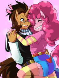Size: 1512x1984 | Tagged: safe, artist:traupa, commissioner:imperfectxiii, character:pinkie pie, oc, oc:copper plume, species:anthro, species:earth pony, species:pony, species:unicorn, belt, blushing, canon x oc, clothing, commission, copperpie, eyes closed, female, freckles, glasses, hug, long socks, male, neckerchief, one eye closed, pants, shipping, shirt, shorts, simple background, smiling, straight