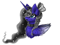 Size: 2048x1536 | Tagged: safe, artist:melonseed11, oc, oc only, oc:princess dark, species:alicorn, species:pony, alicorn oc, bow, braid, bust, ethereal mane, female, galaxy mane, hair bow, lipstick, mare, portrait, simple background, solo, transparent background