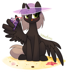 Size: 1057x1107 | Tagged: safe, artist:sonnatora, oc, oc:quantum flash, species:alicorn, species:pony, alicorn oc, clothing, hat, solo, sun hat, wing hands, wings, ych result