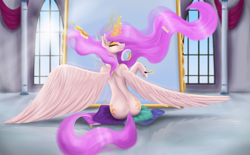 Size: 3300x2052 | Tagged: safe, artist:greenbrothersart, character:princess celestia, species:alicorn, species:pony, digital art, eyes closed, female, hairbrush, mare, mirror, pillow, pink-mane celestia, smiling, solo