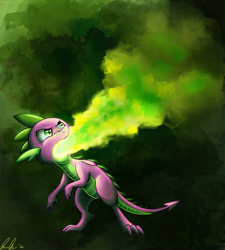 Size: 642x712 | Tagged: safe, artist:c-puff, character:spike, species:dragon, abstract background, fire, fire breath, green fire, male, solo