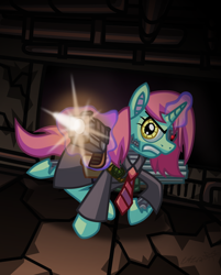 Size: 944x1174 | Tagged: safe, artist:cazra, species:pony, species:unicorn, fallout equestria, android, clothing, exposed mechanical bits, gun, heterochromia, necktie, robot, ruins, solo, stable, synth, trenchcoat, weapon