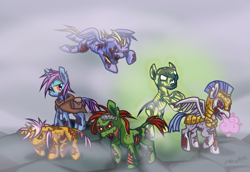 Size: 1815x1250 | Tagged: safe, artist:cazra, species:earth pony, species:pegasus, species:pony, species:unicorn, fallout equestria, canterlot ghoul, fog, ghoul, glowing one, undead, wasteland, zombie