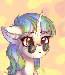 Size: 861x994 | Tagged: safe, artist:falafeljake, oc, oc only, species:pony, species:unicorn, abstract background, bust, ear fluff, eyebrows, eyebrows visible through hair, female, freckles, frown, glasses, horn, mare, solo, sunglasses, ych result