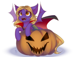 Size: 1600x1200 | Tagged: safe, artist:falafeljake, oc, oc only, species:bat pony, species:pony, bat pony oc, cape, clothing, costume, cute, ear fluff, ear tufts, female, filly, halloween, halloween costume, happy, holiday, jack-o-lantern, leaning, looking up, monster pony, ocbetes, open mouth, pumpkin, simple background, slit eyes, smiling, solo, spread wings, transparent background, wings, ych result