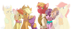 Size: 5000x2000 | Tagged: safe, artist:glitterstar2000, character:apple bloom, character:applejack, character:big mcintosh, character:bright mac, character:grand pear, character:granny smith, character:little mac, character:pear butter, character:sugar belle, species:earth pony, species:pony, species:unicorn, episode:the last problem, g4, my little pony: friendship is magic, apple family, bittersweet, chest fluff, colt, crying, ear fluff, end of an era, end of g4, end of ponies, eyes closed, ghost, goldie delicious' scarf, granny smith's scarf, high res, male, neck fluff, older, older apple bloom, older applejack, older big macintosh, simple background, the end is neigh, the whole apple family, white background