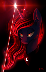 Size: 1606x2489 | Tagged: safe, artist:duskie-06, character:princess luna, species:alicorn, species:pony, blood moon, crown, female, glowing eyes, glowing horn, horn, jewelry, lidded eyes, moon, peytral, regalia, solo