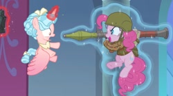 Size: 1344x752 | Tagged: safe, artist:buckweiser, edit, edited screencap, screencap, character:cozy glow, character:pinkie pie, species:alicorn, species:pony, episode:the ending of the end, g4, my little pony: friendship is magic, afghanistan, alicornified, cozybuse, cozycorn, evil grin, grin, grogar's bell, jamsheed, levitation, magic, party bazooka, race swap, rpg-7, smiling, surprise motherfucker, telekinesis, this will end in death, this will end in explosions, this will end in pain and/or death, weapon