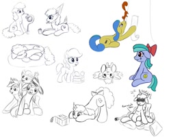 Size: 992x805 | Tagged: safe, artist:redquoz, oc, unnamed oc, species:earth pony, species:pegasus, species:pony, species:unicorn, blep, bow, colored sketch, group, mane bow, party hats, sketch, sketch dump, sleeping, squirrel, tail bow, tongue out