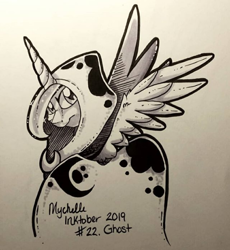 Size: 552x600 | Tagged: safe, artist:mychelle, character:princess luna, species:alicorn, species:pony, inktober, cloak, clothing, female, inktober 2019, mare, monochrome, solo, spirit of hearth's warming yet to come, traditional art