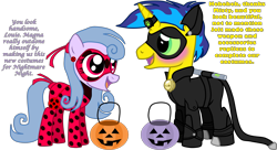 Size: 2997x1635 | Tagged: safe, artist:shadymeadow, oc, oc only, oc:louie poisonsea, oc:misty prettyshell, species:earth pony, species:pony, species:unicorn, chat noir, clothing, costume, female, male, mare, miraculous ladybug, nightmare night costume, simple background, stallion, transparent background