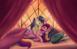 Size: 5998x3852 | Tagged: safe, artist:greenbrothersart, character:princess cadance, character:shining armor, species:alicorn, species:pony, species:unicorn, ship:shiningcadance, absurd resolution, bed, can you feel the love tonight, curtain, cute, eye contact, female, looking at each other, male, mare, pillow, shipping, stallion, straight