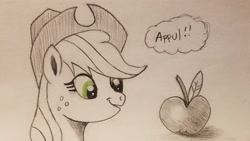 Size: 2048x1151 | Tagged: safe, artist:polar_storm, character:applejack, species:earth pony, species:pony, apple, appul, female, food, freckles, green eyes, mare, monochrome, neo noir, partial color, simple background, solo, traditional art, white background