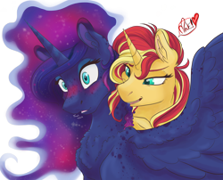 Size: 2840x2290 | Tagged: safe, artist:firimil, character:princess luna, character:sunset shimmer, species:alicorn, species:pony, species:unicorn, bedroom eyes, biting, black background, blushing, blushing profusely, ear blush, ear fluff, ear freckles, eyelashes, eyeshadow, female, freckles, lesbian, love bite, lunashimmer, makeup, mare, mine, neck bite, neck biting, neck fluff, neck freckles, pomf, shipping, shoulder freckles, simple background, wing freckles