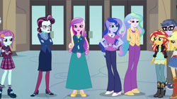 Size: 1280x720 | Tagged: safe, artist:starman1999, edit, edited screencap, screencap, character:applejack, character:dean cadance, character:microchips, character:princess cadance, character:princess celestia, character:princess luna, character:principal abacus cinch, character:principal celestia, character:sunny flare, character:sunset shimmer, character:vice principal luna, equestria girls:friendship games, g4, my little pony: equestria girls, my little pony:equestria girls, 1000 hours in ms paint, blazer, cinch is not amused, clothing, crystal prep academy uniform, plaid skirt, pleated skirt, school uniform, skirt, sunny flare's wrist devices, unamused, vice principal luna