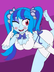 Size: 1932x2576 | Tagged: safe, artist:c_w, character:sonata dusk, my little pony:equestria girls, alternate hairstyle, blushing, clothing, cosplay, costume, cute, danmachi, eyeshadow, feet, female, finger on cheek, halloween, halloween costume, hestia (danmachi), leg in air, looking at you, makeup, one eye closed, pigtails, plump, smiling, solo, sonatabetes, twintails, wink