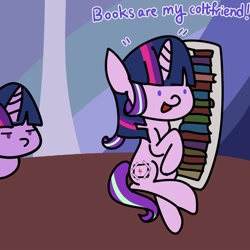 Size: 1000x1000 | Tagged: safe, artist:yinglongfujun, character:starlight glimmer, character:twilight sparkle, species:pony, species:unicorn, body pillow, book, dialogue, dot eyes, mocking, style emulation, that pony sure does love books, wig