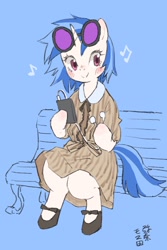 Size: 800x1200 | Tagged: safe, artist:yanamosuda, character:dj pon-3, character:vinyl scratch, species:pony, species:unicorn, bench, bipedal, blue background, blushing, clothing, cute, dexterous hooves, dress, earbuds, female, mare, music notes, music player, shoes, simple background, sitting, solo, vinylbetes