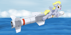 Size: 4000x1966 | Tagged: safe, artist:buckweiser, character:derpy hooves, species:pony, agm-84 harpoon/slam, dark comedy, female, looking at you, missile, solo, the missile knows where it is, this will end in death, this will end in tears, this will end in tears and/or death, this will not end well, windswept mane
