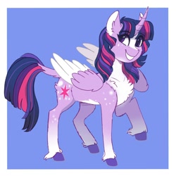 Size: 2000x2000 | Tagged: safe, artist:scarletskitty12, character:twilight sparkle, character:twilight sparkle (alicorn), species:alicorn, species:pony, alternate design, blaze (coat marking), blue background, chest fluff, coat markings, curved horn, cute, dappled, ear fluff, eye clipping through hair, female, folded wings, grin, high res, horn, mare, pale belly, simple background, smiling, solo, twiabetes, unshorn fetlocks, wings
