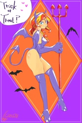 Size: 1000x1500 | Tagged: safe, artist:sozglitch, character:sunset shimmer, species:bat, my little pony:equestria girls, abstract background, clothing, costume, dialogue, digital art, female, halloween, halloween costume, holiday, smiling, solo, speech bubble, trick or treat