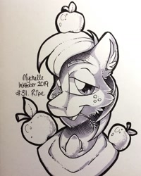Size: 1152x1440 | Tagged: safe, artist:mychelle, character:big mcintosh, species:earth pony, species:pony, inktober, apple, bust, food, freckles, inktober 2019, male, monochrome, portrait, solo, stallion, straw in mouth, traditional art, yoke