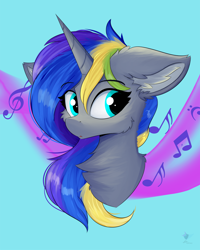 Size: 960x1200 | Tagged: safe, artist:lunar froxy, oc, oc only, species:pony, species:unicorn, abstract background, bust, cheek fluff, chest fluff, ear fluff, female, fluffy, music notes, solo