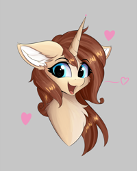 Size: 960x1200 | Tagged: safe, artist:lunar froxy, oc, oc only, oc:ilonå, species:pony, species:unicorn, bust, cheek fluff, chest fluff, ear fluff, female, fluffy, gray background, happy, heart, looking at you, portrait, simple background, solo, wingding eyes
