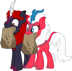 Size: 1418x1388 | Tagged: safe, artist:shadymeadow, oc, oc only, oc:snowy rose, oc:vampire eclipse, species:kirin, female, happy, male, mouth hold, nom, paper bag, simple background, smiling, stain, transparent background, wide eyes