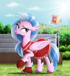 Size: 1914x2088 | Tagged: safe, artist:duskie-06, character:silverstream, species:classical hippogriff, species:hippogriff, cheerleader, cheerleader outfit, cheerleader silverstream, clothing, cute, diastreamies, female, lidded eyes, looking back, midriff, pleated skirt, raised eyebrow, scenery, skirt, smiling, solo