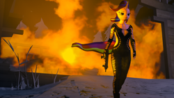Size: 3840x2160 | Tagged: safe, artist:helioseusebio, character:starlight glimmer, species:anthro, species:plantigrade anthro, episode:the ending of the end, g4, my little pony: friendship is magic, 3d, badass, cool guys don't look at explosions, gun, source filmmaker, starlight glimmer in places she shouldn't be, submachinegun, weapon, windswept mane