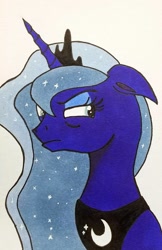 Size: 720x1109 | Tagged: safe, artist:polar_storm, character:princess luna, species:alicorn, species:pony, annoyed, blue eyes, colored sketch, female, simple background, solo, traditional art, white background