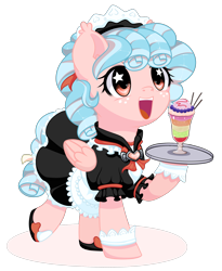Size: 1802x2200 | Tagged: safe, artist:wavecipher, character:cozy glow, species:pegasus, species:pony, clothing, cozybetes, cuffs (clothes), cute, drink, female, filly, maid, open mouth, serving tray, smiling, solo, starry eyes, tray, weapons-grade cute, wingding eyes, ych result