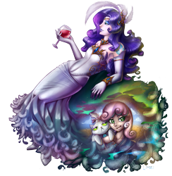 Size: 1527x1567 | Tagged: safe, artist:limreiart, character:opalescence, character:rarity, character:sweetie belle, species:human, armpits, clothing, dress, feather, female, glass, humanized, wine glass