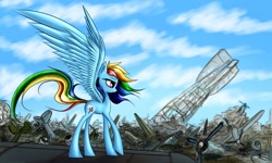 Size: 2000x1200 | Tagged: safe, artist:asimos, character:rainbow dash, aircraft, airship, female, fighter, scraps, solo, windswept mane