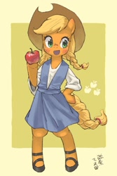 Size: 1200x1800 | Tagged: safe, artist:yanamosuda, character:applejack, species:earth pony, species:pony, abstract background, apple, bipedal, blushing, braid, braided pigtails, braided tail, clothing, cute, cutie mark, dress, female, food, hoof hold, hoof on hip, jackabetes, mare, open mouth, semi-anthro, shoes, solo