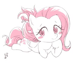 Size: 1000x872 | Tagged: safe, artist:yanamosuda, character:fluttershy, species:pegasus, species:pony, blush sticker, blushing, cute, female, folded wings, hair accessory, hairclip, head on hoof, hoof under chin, looking at you, mare, monochrome, partial color, prone, shyabetes, simple background, solo, three quarter view, white background, wings
