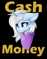 Size: 1024x1280 | Tagged: safe, artist:lunar froxy, oc, oc:eula phi, species:pony, species:unicorn, bust, cash money, clothing, hoodie, ovo, portrait, tongue out