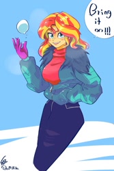Size: 1000x1500 | Tagged: safe, artist:sozglitch, character:sunset shimmer, equestria girls:holidays unwrapped, g4, my little pony: equestria girls, my little pony:equestria girls, spoiler:eqg series (season 2), breasts, busty sunset shimmer, clothing, female, snow, snowball, solo, winter outfit